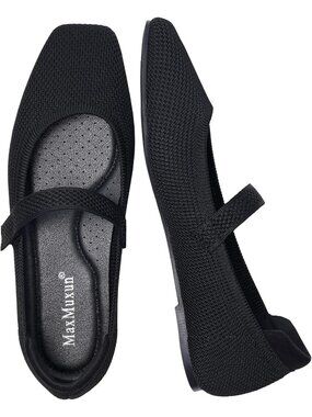 Women's Ballet Flats Black Comfortable Casual Dressy Shoes Knit Flats Square Toe